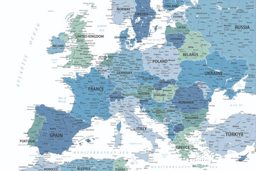 Naklejka premium Europe Map Colored - Faded Pastel Blue Green Colors - stock vector illustration