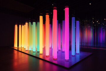 Vibrant illuminated columns in a modern art installation creating a colorful ambiance at night