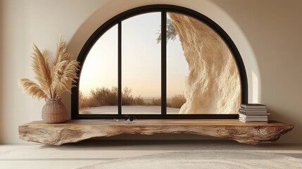 Minimalist Wooden Shelf with Desert View and Pampas Grass