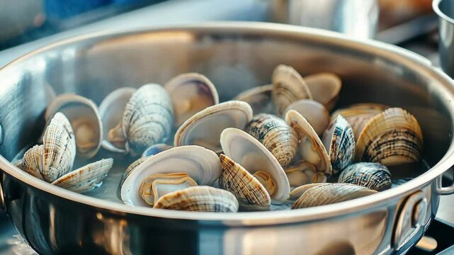 Fresh clams being cooked in a stainless steel pot on a stovetop in a modern kitchen