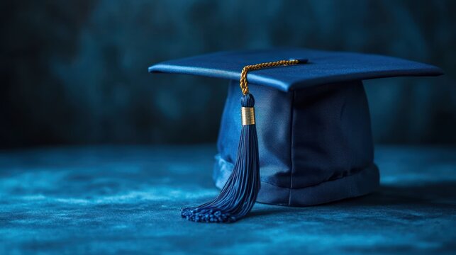 Blue graduation cap, dark background, ceremony
