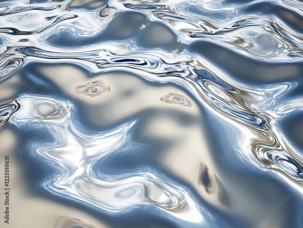 Poster rippling liquid mercury surface with dynamic light reflections, chrome-like flowing texture with org