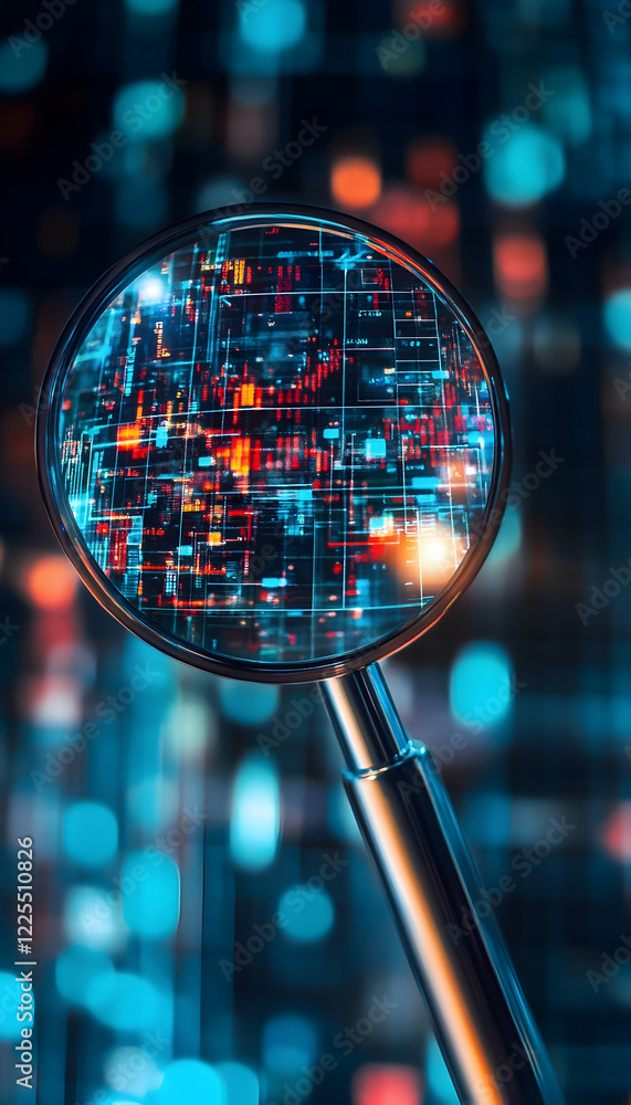 Poster magnifying glass highlighting text with digital and holographic elements in the background, represen