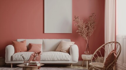 Cozy living room with mockup poster, modular sofa, coffee table, dried flowers, pillows, armchair, pink wall, and personal accessories.