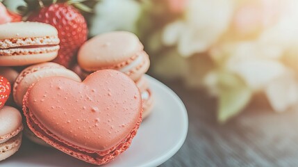 detailed shot of heart-shaped plate filled with macarons and strawberries soft sunlight enhancing vibrant dessert tones