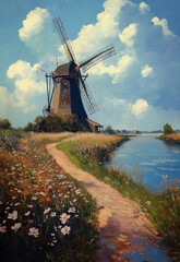 Fototapeta premium Natural landscape with a mill in the Dutch style.