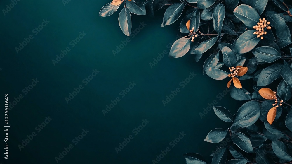 Poster green and orange leaves creating beautiful frame on dark background