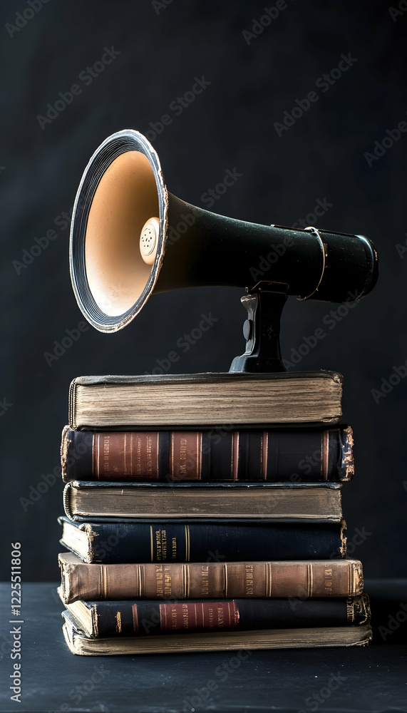Poster megaphone resting on a stack of books, symbolizing the power of knowledge and communication -
