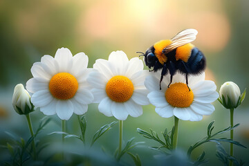 Obraz premium Bumblebee on White Daisies in Soft Sunlight
