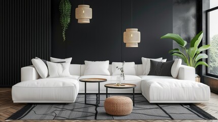 Designing a modern living space with white modular sofa, decorative items, and personal touches. Home decoration template.