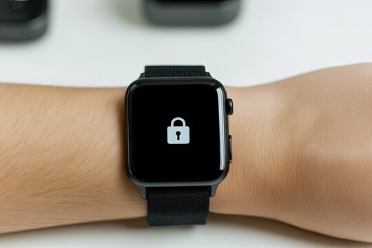 close-up of smartwatch with lock icon on screen wrist resting on modern desk with tech gadgets blurred behind