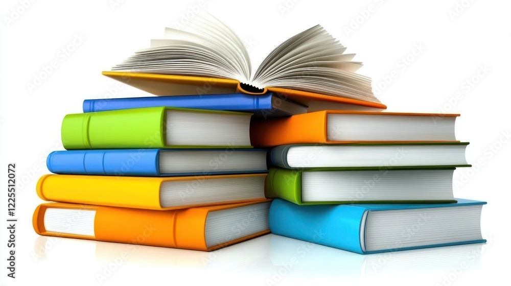 Poster a stack of colorful books with one open book on top