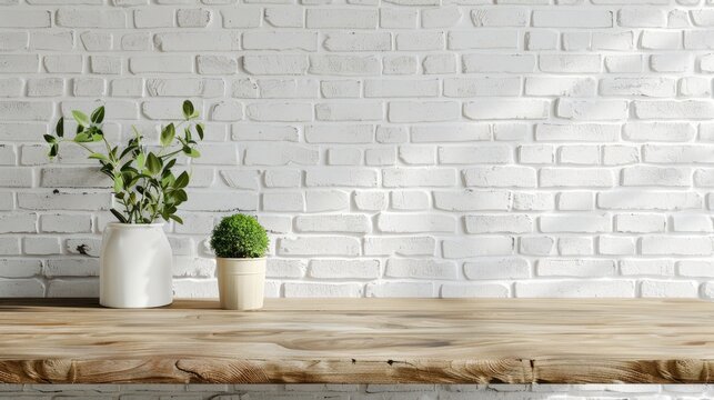 Fototapeta Display montage for product with white brick wall and wooden table