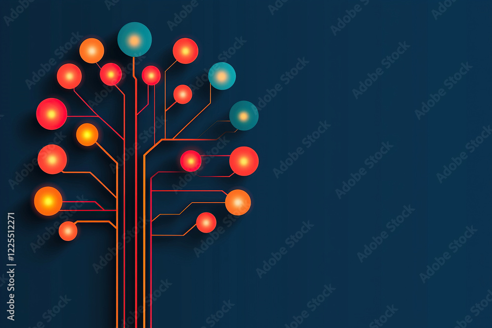 Poster glowing tree symbolizing digital growth with radiant branches and nodes on dark background, represen