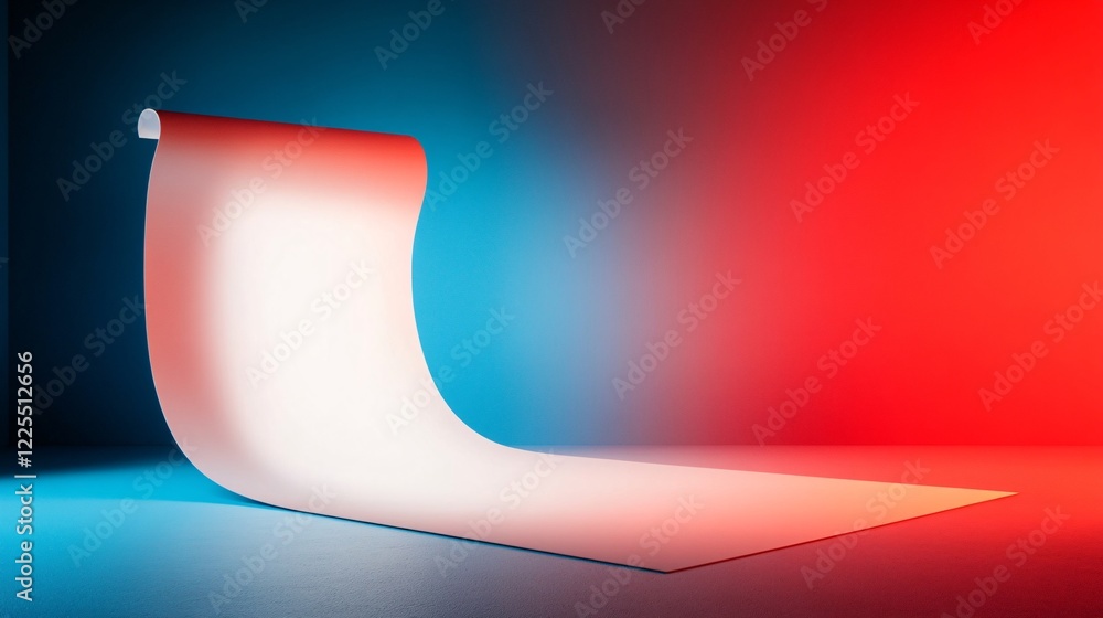Poster White scroll unrolling on vibrant blue and red gradient background