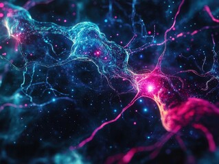surreal digital artwork of neural pathways transforming into vibrant cosmic nebulae, consciousness expanding in prismatic waves of light and color against deep space