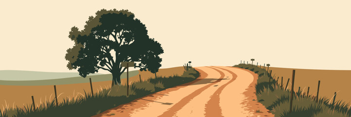 Vector illustration of a rural road through fields with a tree in warm tones