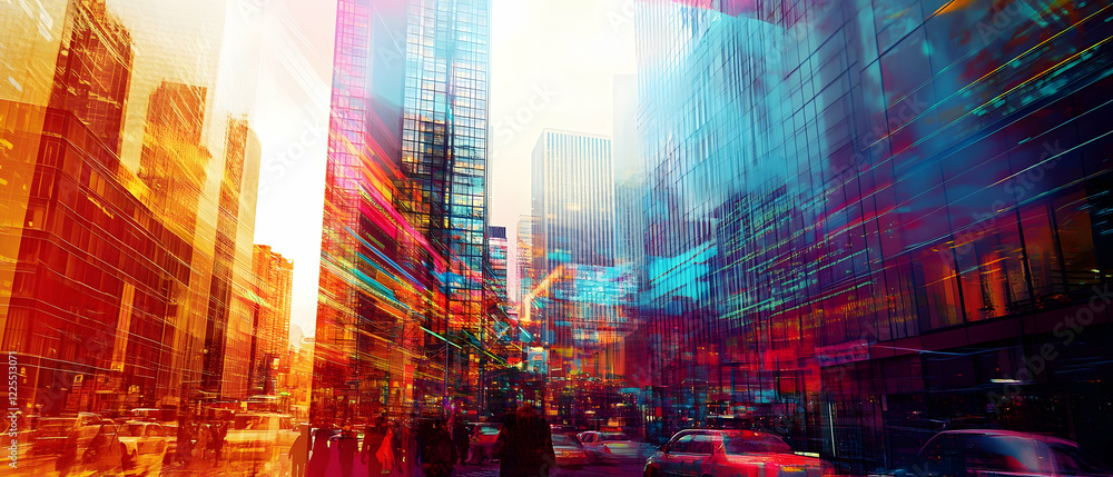 Poster modern cityscape with skyscrapers and digital overlays representing data-driven innovation -