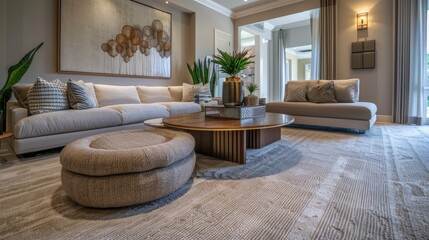 Obraz premium Elegant living space featuring a light beige carpet and couch. Interior design