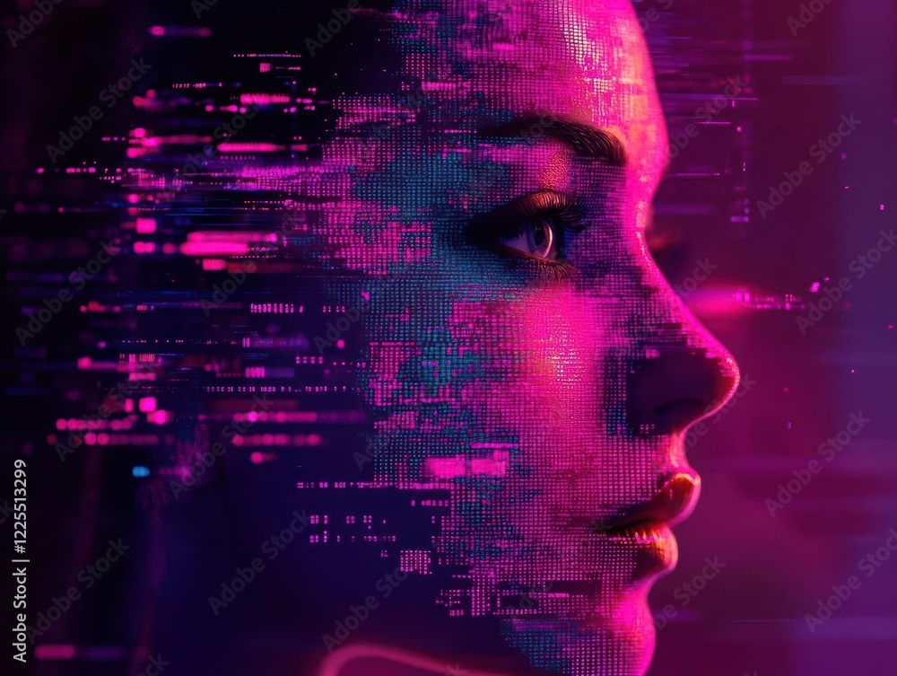 Poster surreal digital glitch portrait where a woman's face dissolves into flowing pixels, creating etherea