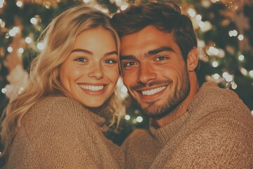 cheerful family posing near glittering christmas tree wrapped in cozy festive sweaters and exchanging joyful smiles