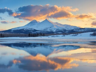 Naklejka premium tranquil winter landscape, pristine snow-covered peaks reflect in crystal-clear alpine lake, dramatic clouds catch golden sunset light