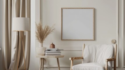 Elegant living room decor with mockup frame, table, chair, lamp, books, vase, and accessories.