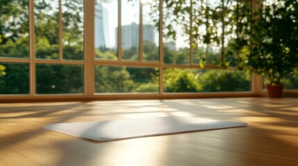 Yoga mat and peaceful setting with sunlight. Generative AI