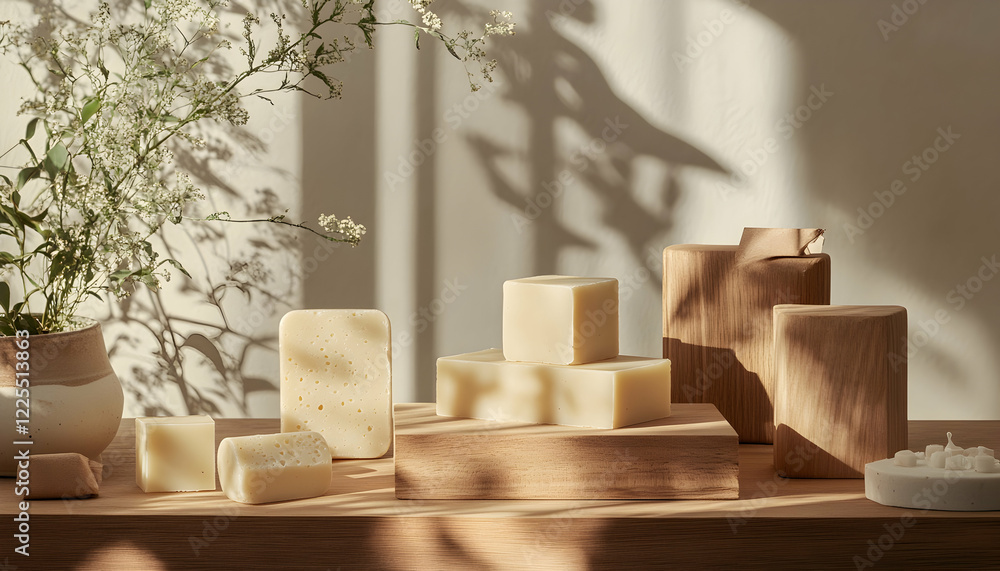 Poster natural handmade soap bars displayed on a wooden surface, complemented by botanical elements in a mi