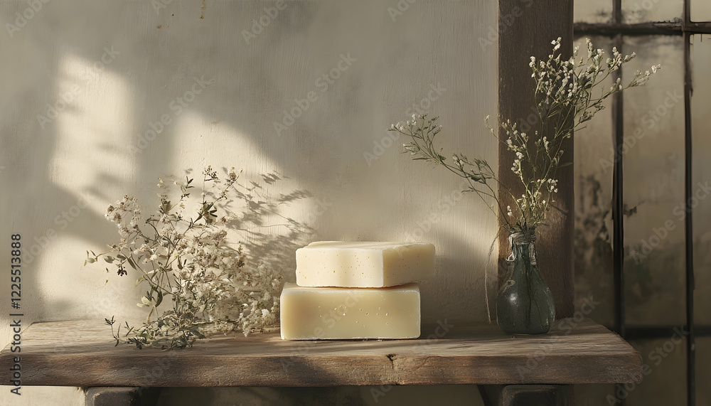 Poster natural handmade soap bars displayed on a wooden surface, complemented by botanical elements in a mi