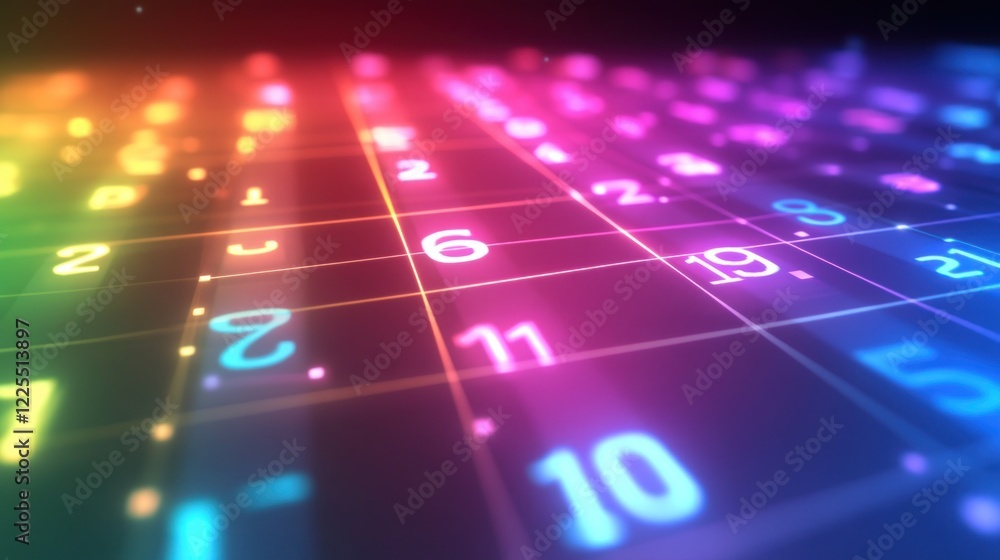 Poster colorful grid displaying neon numbers in a digital space