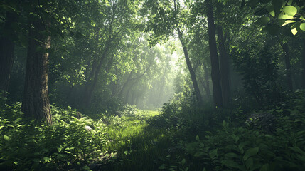 Sunlight shining through trees in magical forest. ai generation