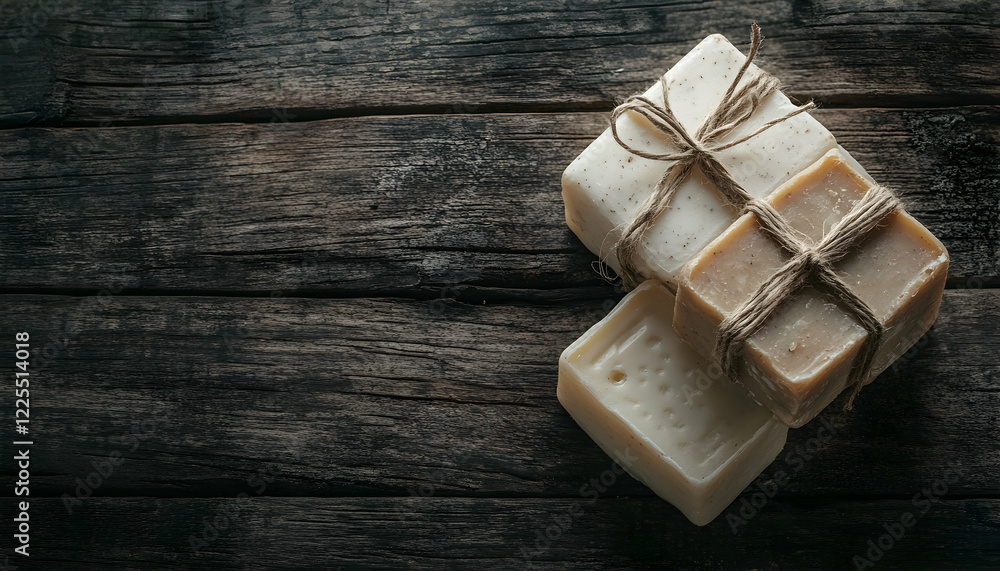 Poster natural handmade soaps tied with twine and placed on a rustic wooden surface -