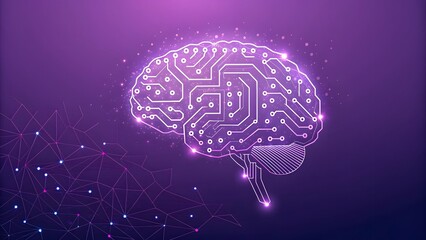 Digital Brain Illustration with Circuit Patterns on Purple Background
