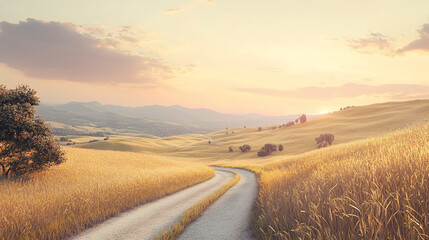 Beautiful summer mountain rural landscape  of summer gold field with road and Sunset  sky. ai generation
