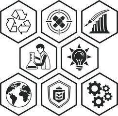 Obraz premium A collection of nine simple, black and white icons arranged in a hexagonal grid pattern.