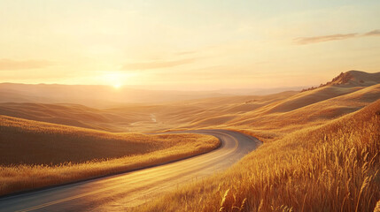 Beautiful summer mountain rural landscape  of summer gold field with road and Sunset  sky. ai generation