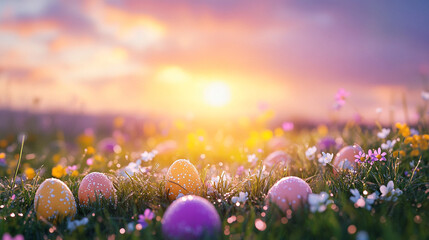 Colorful Easter Egg Nestled in Fresh Green Grass at Sunset. ai generation