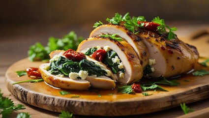 Stuffed chicken breast with ricotta, spinach, and sun-dried tomatoes, garnished with parsley, on a rustic plate, gently browned and crispy at the edges.