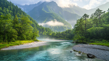 mountain river in the mountains, tropical green forest with mountains in background. ai generation