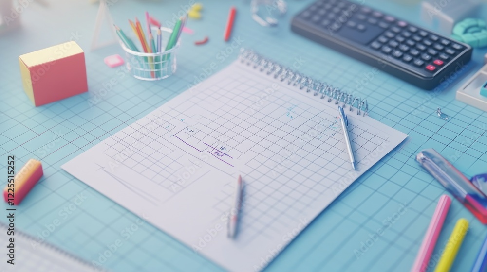 Poster Grid Paper Notebook With Pencils And Calculator On Desk