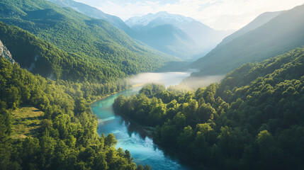 mountain river in the mountains, tropical green forest with mountains in background. ai generation