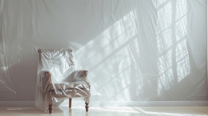 Furniture covered in plastic near light wall, with space for text
