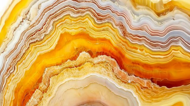 Natural layers of orange and yellow agate stone showcasing intricate patterns and textures in a geode-like formation
