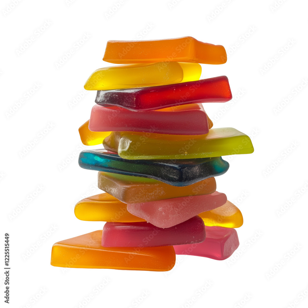 Poster A close-up image showcases a wobbly stack of assorted colorful jelly candies against a black background.