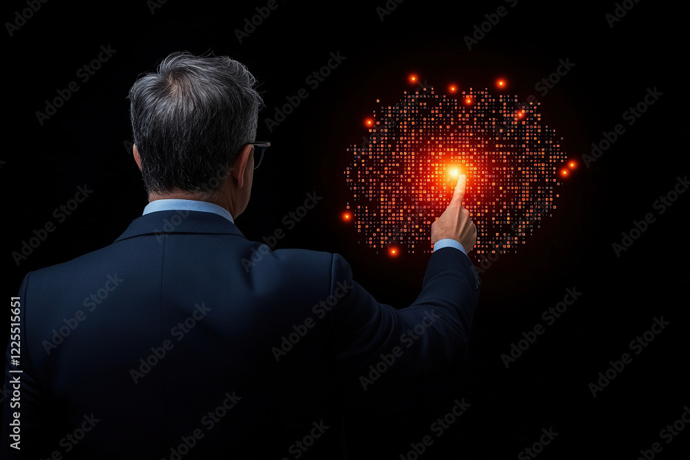 Aufkleber man in suit points at glowing digital board filled with red lights, symbolizing technology and innov
