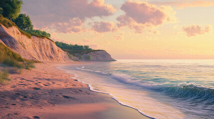 perfect sunset on the sea, on the seashore, mountains. ai generation