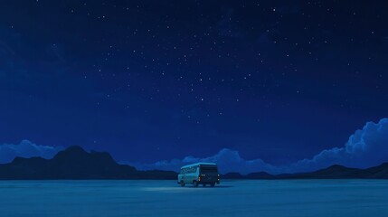 Nighttime Van Parked In A Desert Landscape Under Stars
