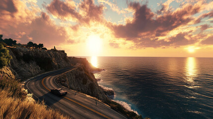 perfect sunset on the sea, on the seashore, mountains. ai generation