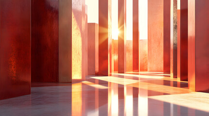 Abstract architectural background, vertical geometric shapes, sun reflection.